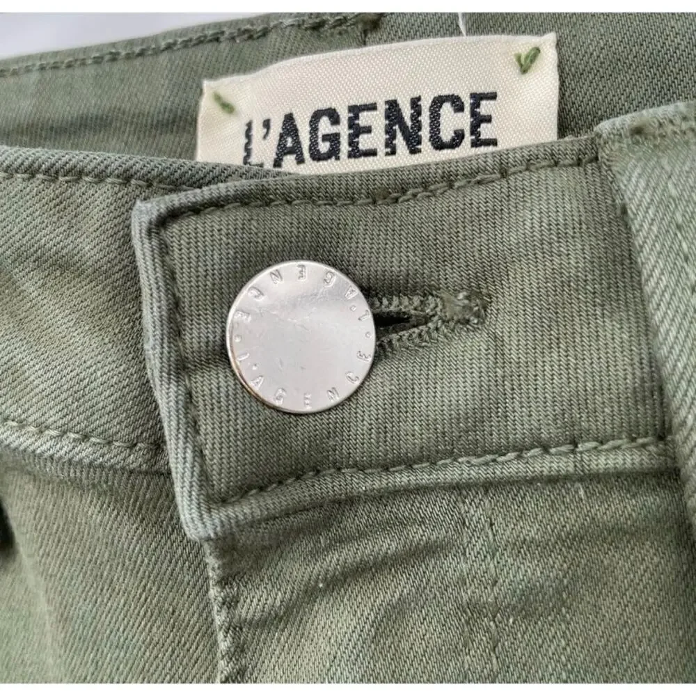 L’AGENCE Margot High Rise Skinny Jeans Meadow Green Raw Hem Stretch Size 25